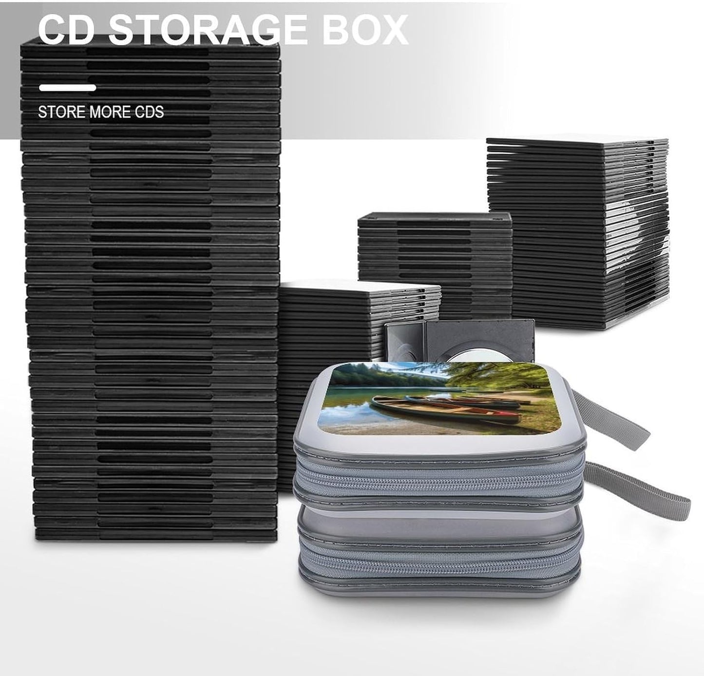 Lake with Boats Canoes Park CD Case 40 Capacity Case Zipper CD Collection Bag with Handles Cover DVD Storage Hard Plastic DVD Disc Cases Storage Binder for Car Home Office Travel