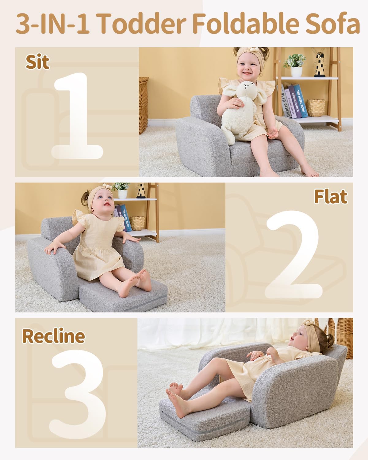 KidBloom 3-in-1 Toddler Couch, Toddler Chairs Comfy 1-3 Years Old, Kids Couch Bed Fold Out, Gifts for 1 2 Year Old Girls Boys