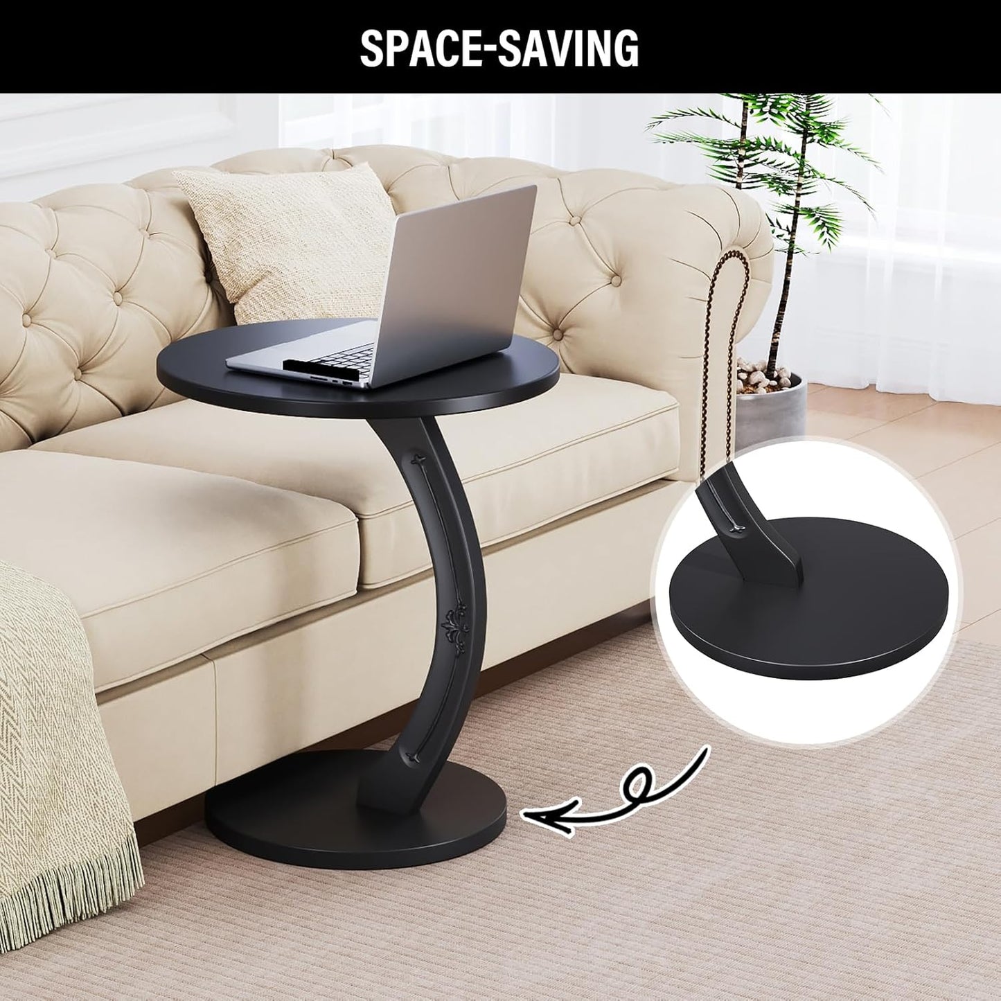 C-Shaped Solid Wood Round End Table - Side Table for Couch, Sofa Tables Slide Under Couch for Living Room, Small Nightstand for Small Space, Black