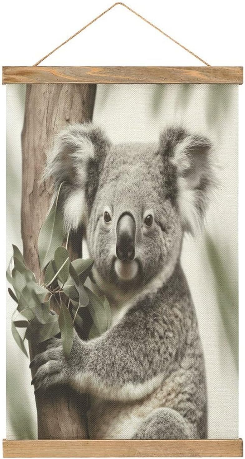 Vintage Koala Poster with Wooden Frame Personalized Linen Hanging Scroll Painting Rustic Wall Hanging Illustrative Modern Artwork Decor for Home Living Room Bedroom Office