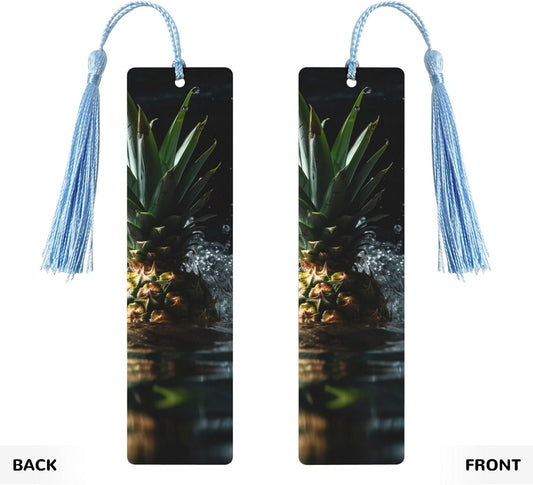Pineapple Falling into Water Bookmarks Gifts for Women Men, Wooden Bookmarks for Book Lovers, Vintage Book Marks Ornaments with Tassel, Unique Personalized Reading Page Markers Sky Blue