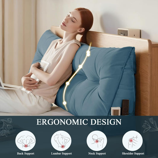 Headboard Pillow King, Large Triangular Wedge Headboard Pillow for Reading and Resting, Backrest Positioning Support Pillow with Removable Cover (Light Blue)