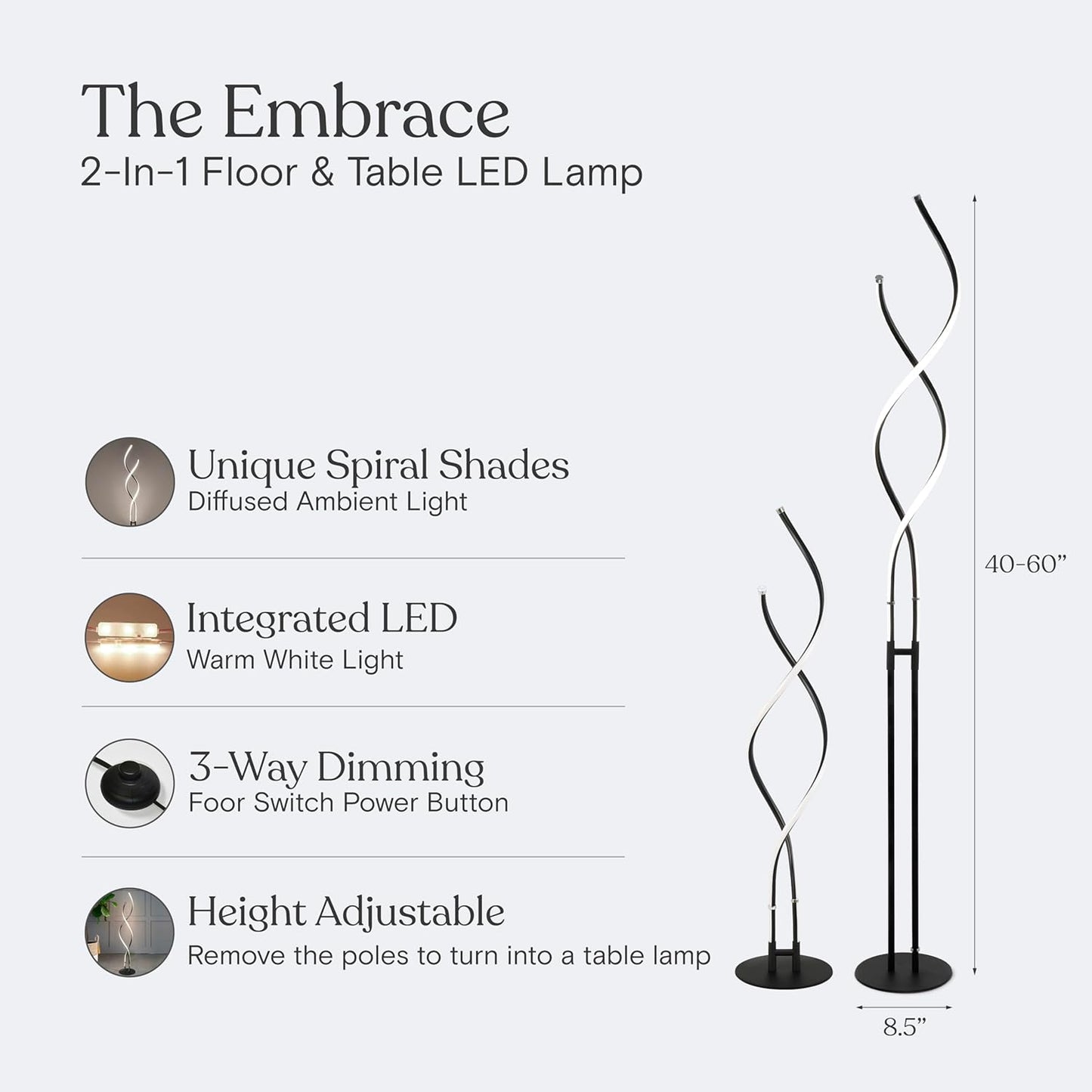 Brightech Embrace Dimmable LED Floor Lamp – Modern Spiral Adjustable Standing Lamp for Living Rooms & Offices – 2-in-1 Tall End Table Lamp for Bedroom Reading - Black