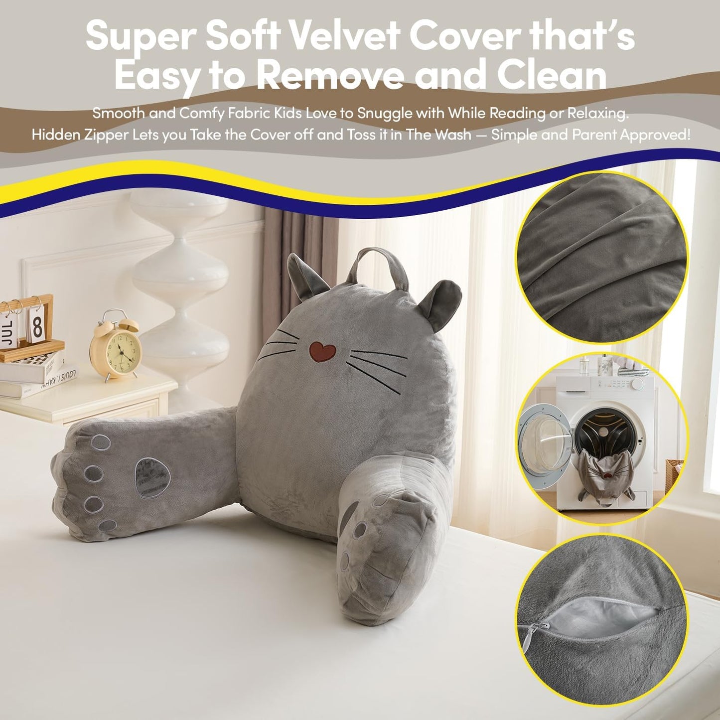 Kitty Cat Reading Pillow for Kids & Teens with Shredded Memory Foam – Soft Velvet Lounger with Fun Character Designs, Removable Washable Cover & Built-in Handle for Reading, Relaxing & Screen Time
