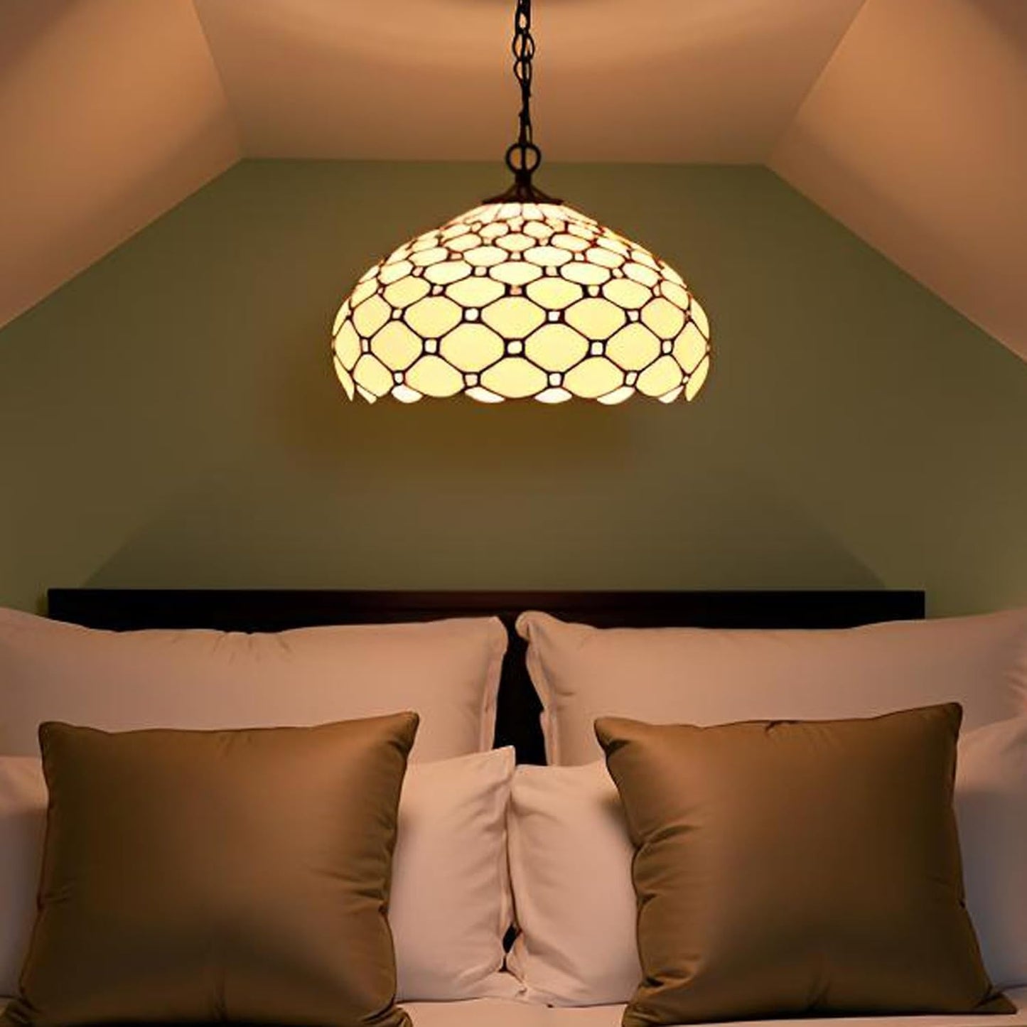 Tiffany Pendant Light Plug in Stained Glass Hanging lamp 12X12X181 Inch Hanging Lamp Living Room Bedroom Kitchen Dining Room Office(Cream Bead)