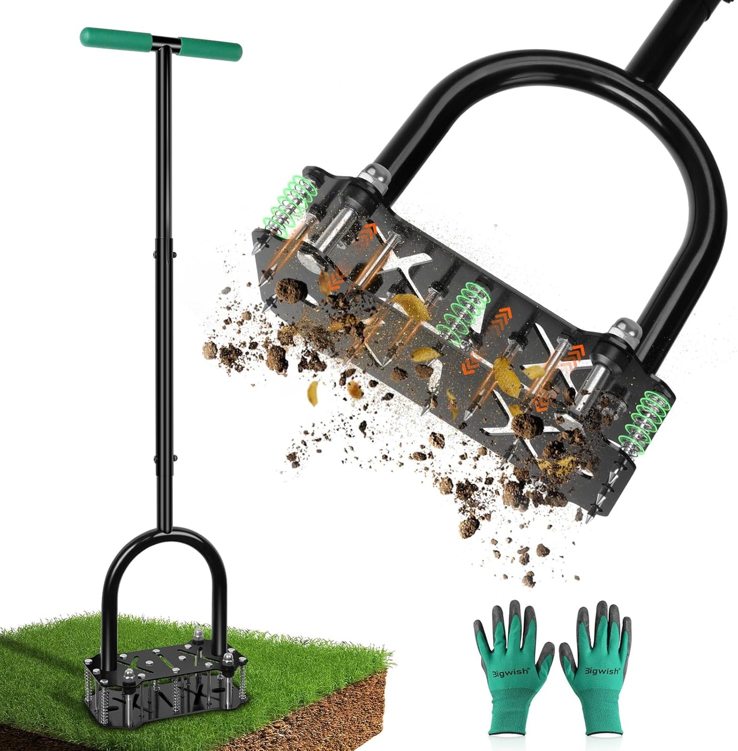 Adjustable Lawn Aerator Tool with Rebound Spring – 16 Sharp Metal Spikes Soil Aerator with Ergonomic T-Handle & Wide Foot Plate, Heavy Duty Yard Lawn Aerator for Garden Lawn Care