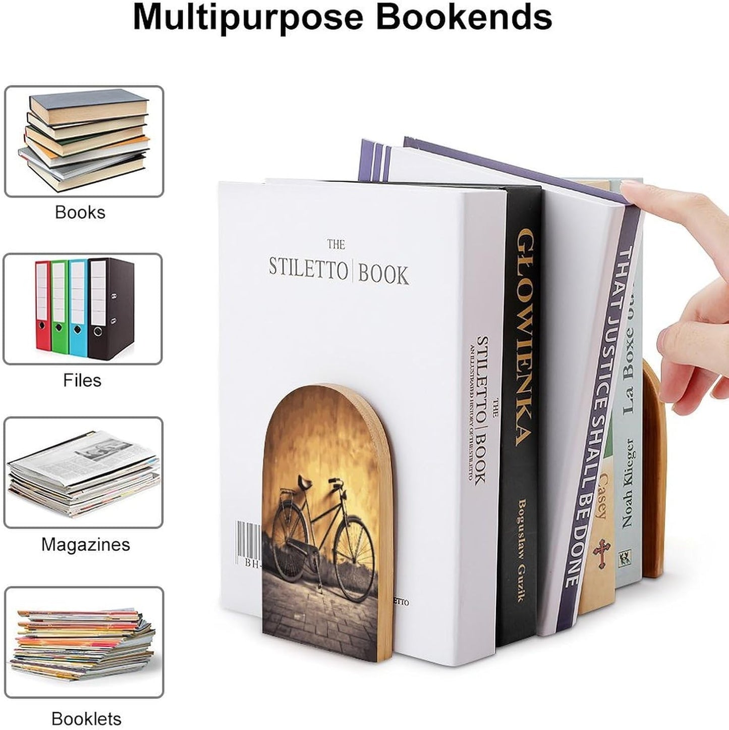 Old Bicycle Bookends 1 Pair Heavy Duty Book Ends for Shelves Non-Skid Bookend Supports Wooden Book Holders with Metal Base Desk Organizers Books Storage to Hold Books