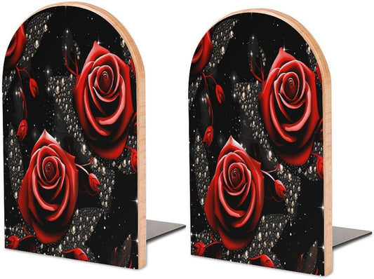 Red Roses and Stars Wooden Bookend Non-Slip Book Ends Heavy Duty Book Stopper with Metal Base Books Holderd Decorative Bookends Stands Firmly for Office Supplies