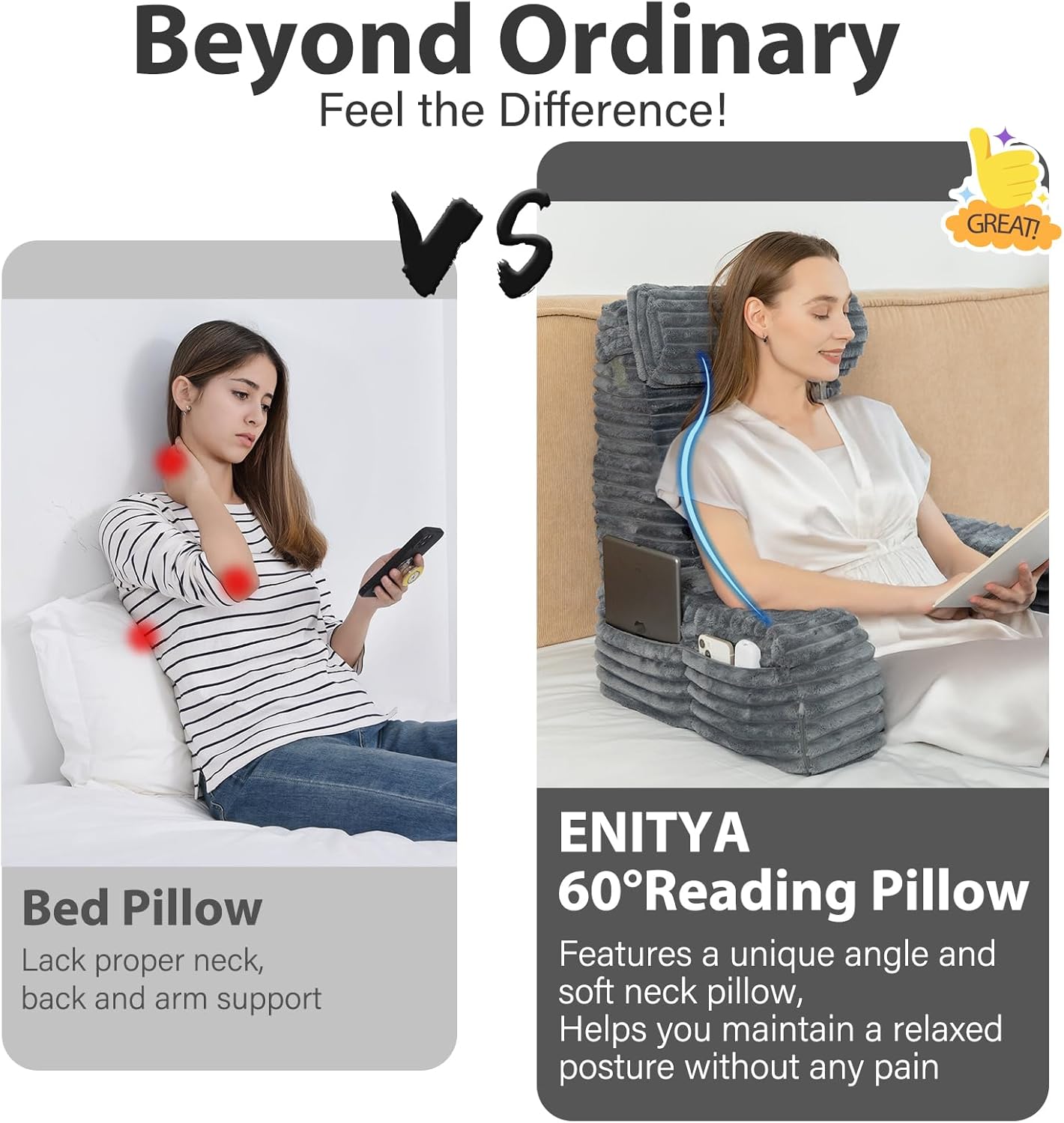 Back Pillow for Bed Sitting Up — 22" XL with Armrests, Big Pockets, Soft Support Chair (Dark Grey)