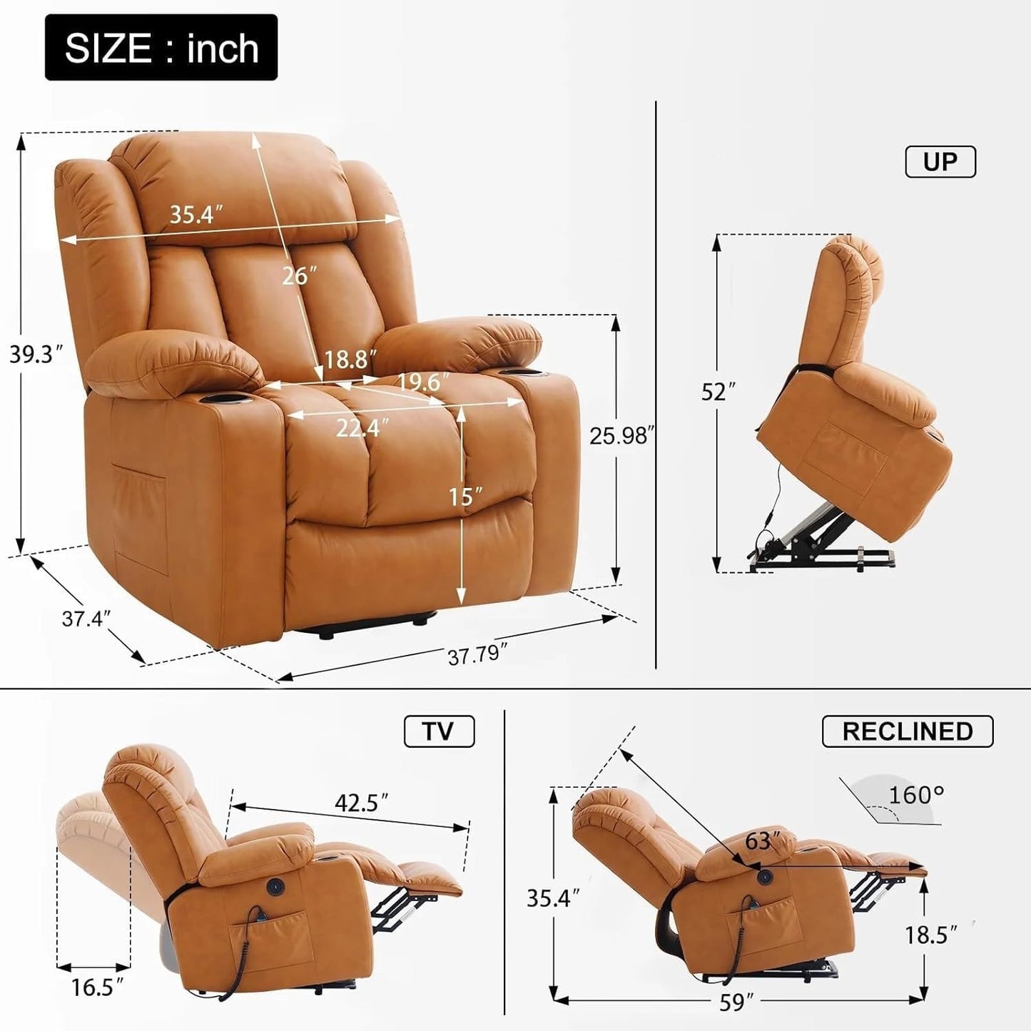 Oversized Power Lift Recliner Chair for Elderly, Big and Tall Electric Lift Chair with Heat and Massage, PU Leather Reclining Sofa with Cup Holders, Side Pockets, USB Port