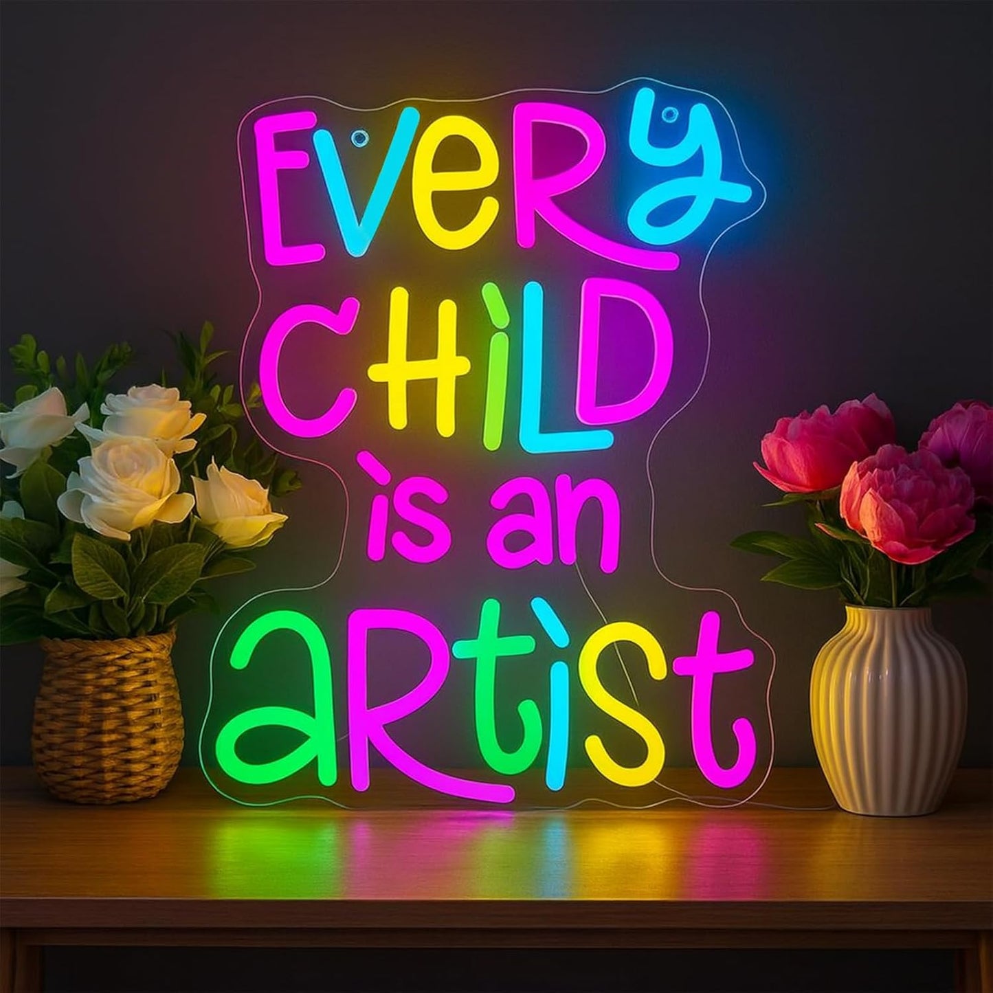 Every Child Is an Artist Neon Sign, Classroom Decor USB Powered Dimmable LED Word Light, Library Reading Corner & Home Study Wall Art, Teacher Gift, Easy Hang Acrylic Backboard