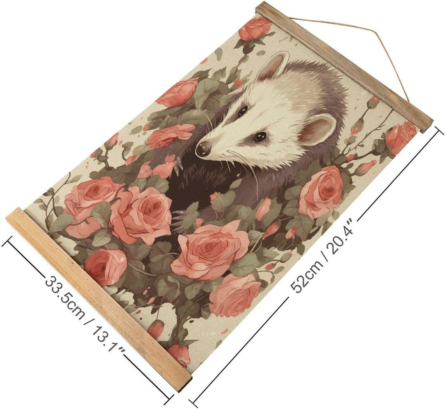 Vintage Opossum And Roses Poster with Wooden Frame Personalized Linen Hanging Scroll Painting Rustic Wall Hanging Illustrative Modern Artwork Decor for Home Living Room Bedroom Office