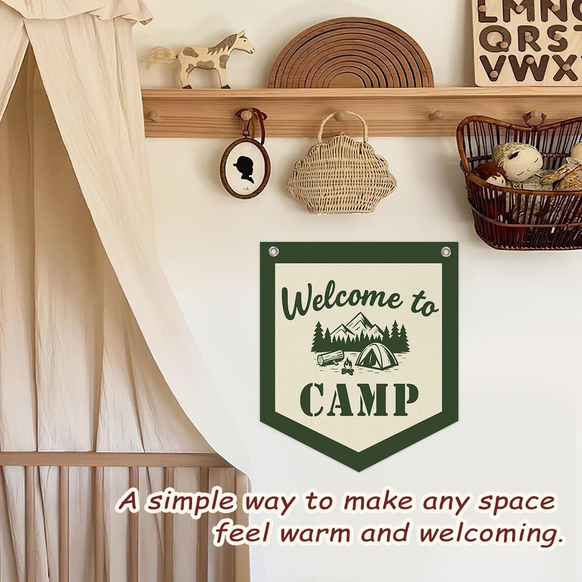 Camping Decor Camp Sign Banner, Welcome to Camp Wall Pennant Banner Flag Classroom Decor, Retro Green Camping Hanging Wall Decor for Kids Nursery Toddler Room Bedroom Playroom Classroom