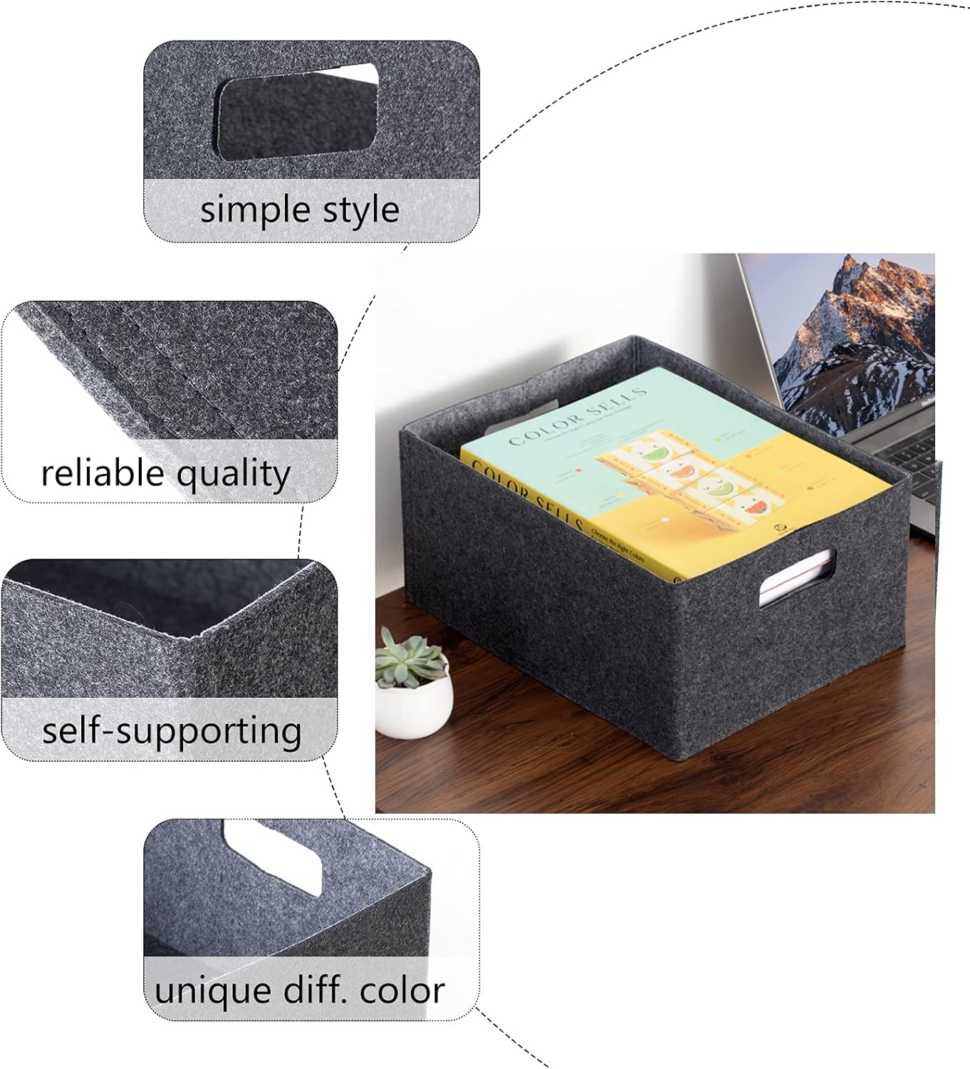 2 pack self-supporting collapsible felt storage basket in darkgrey for storaging and sorting of clothes, toys and office files