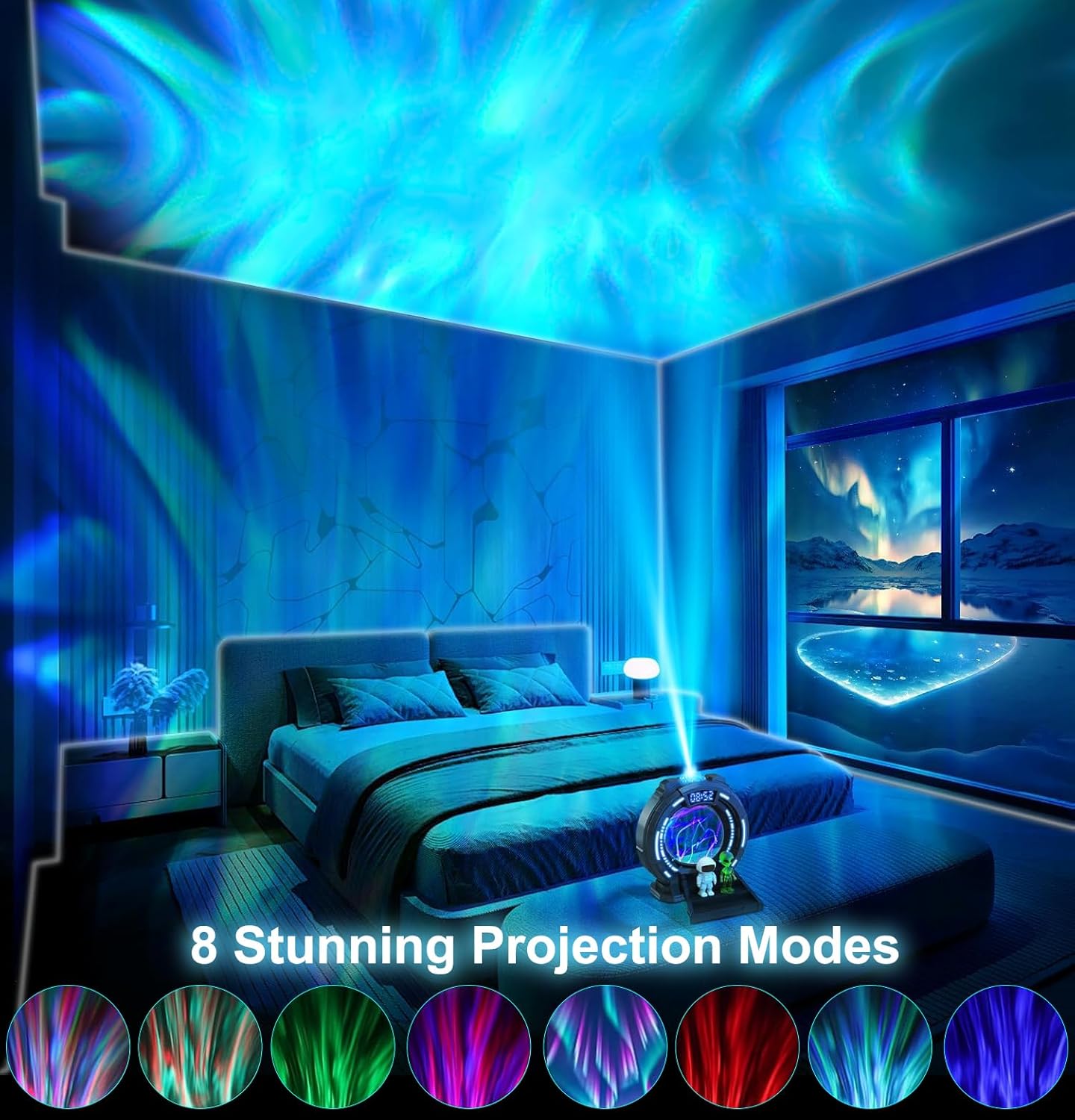 Northern Lights Projector with Plasma Ball Lamp, White Noise, Music Speaker, Alarm Clock & Remote, Stargate Astronaut Galaxy Aurora Night Light Projector for Bedroom Gaming Birthday Valentines Gifts