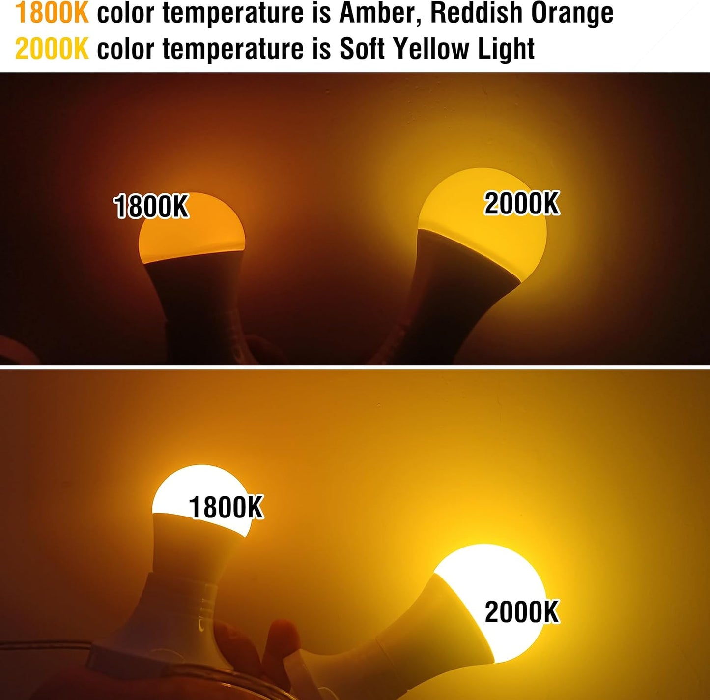 E26 Amber Light Bulbs 2000K, Warm Light Bulb 60W Equivalent, 800lm, A19 9W Soft Yellow Light Bulbs for Porch, Patio, Bedroom, Nursery, Healthy Sleep, Night Light, Non-Dimmable, 2 Pack