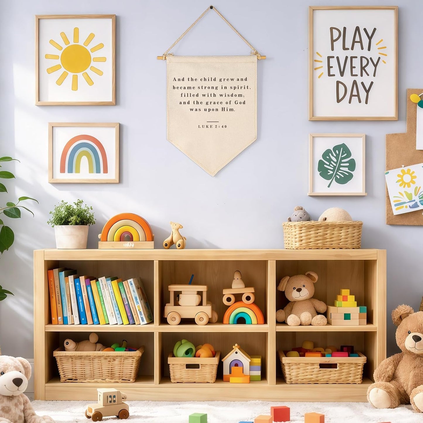 Christian Bible Verse Scripture Canvas Banner Pennant Sign Wall Decor Gift for Baby Boy Girl Kid Nursery Playroom Reading Room-Baby,Shower,Birthday Christmas Gift-and the Child Grew-15.6 H"x 11" W