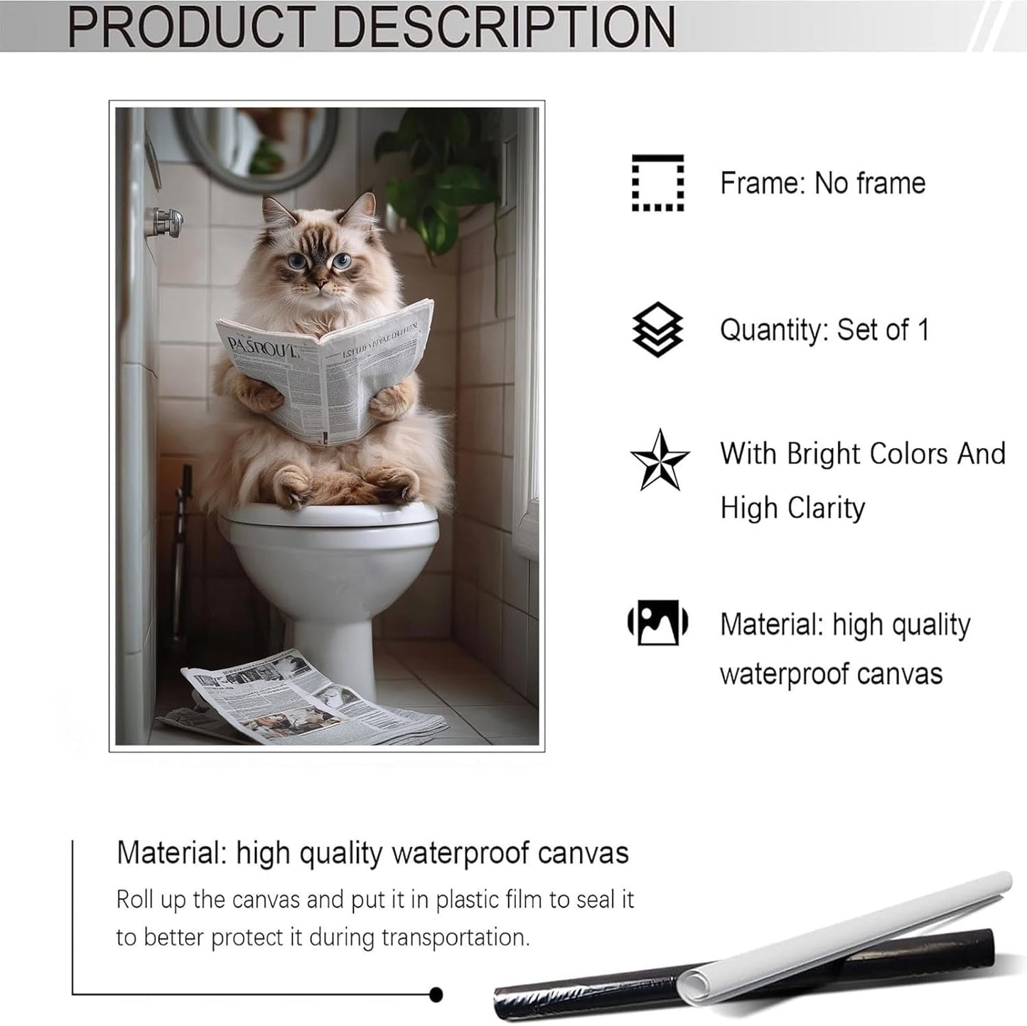 Cute Bathroom Cat Canvas Wall Art Funny Pets Cat Reading Newspaper On The Toilet Poster Funky Humorous Animal Pictures Prints Painting For Home Restroom Bathroom Wall Decor 12x16in Unframed