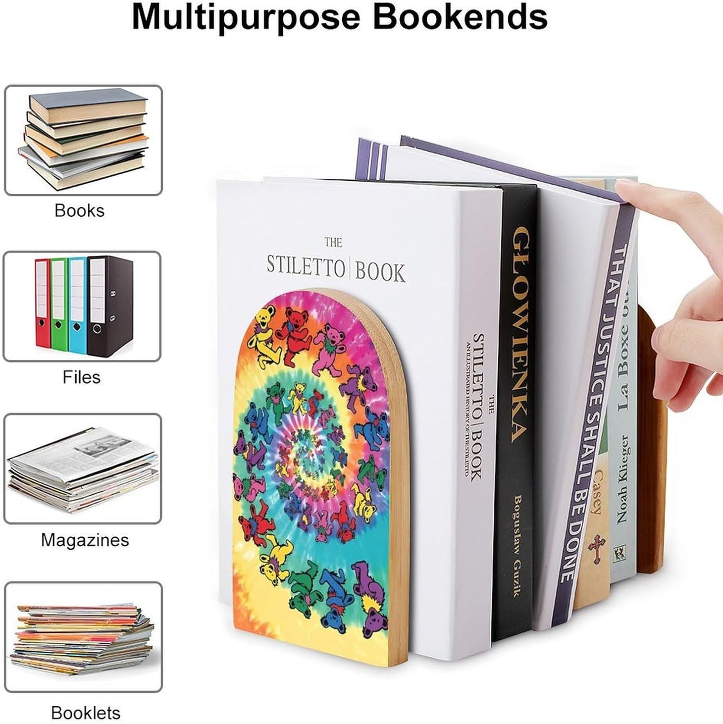 Dancing Thanksgiving Bear Wooden Bookend Non-Slip Book Ends Heavy Duty Book Stopper with Metal Base Books Holderd Decorative Bookends Stands Firmly for Office Supplies