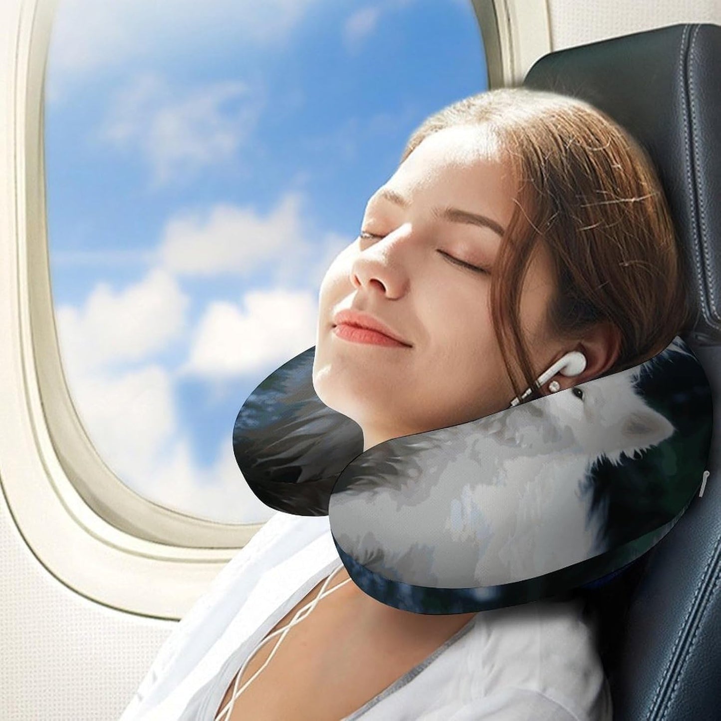 White Dog Neck Pillow Memory Foam U Shaped Pillows Portable Pillows for Shoulder Travel Head Support Pillow with Concealed Zipper for Airplane Car Home Office