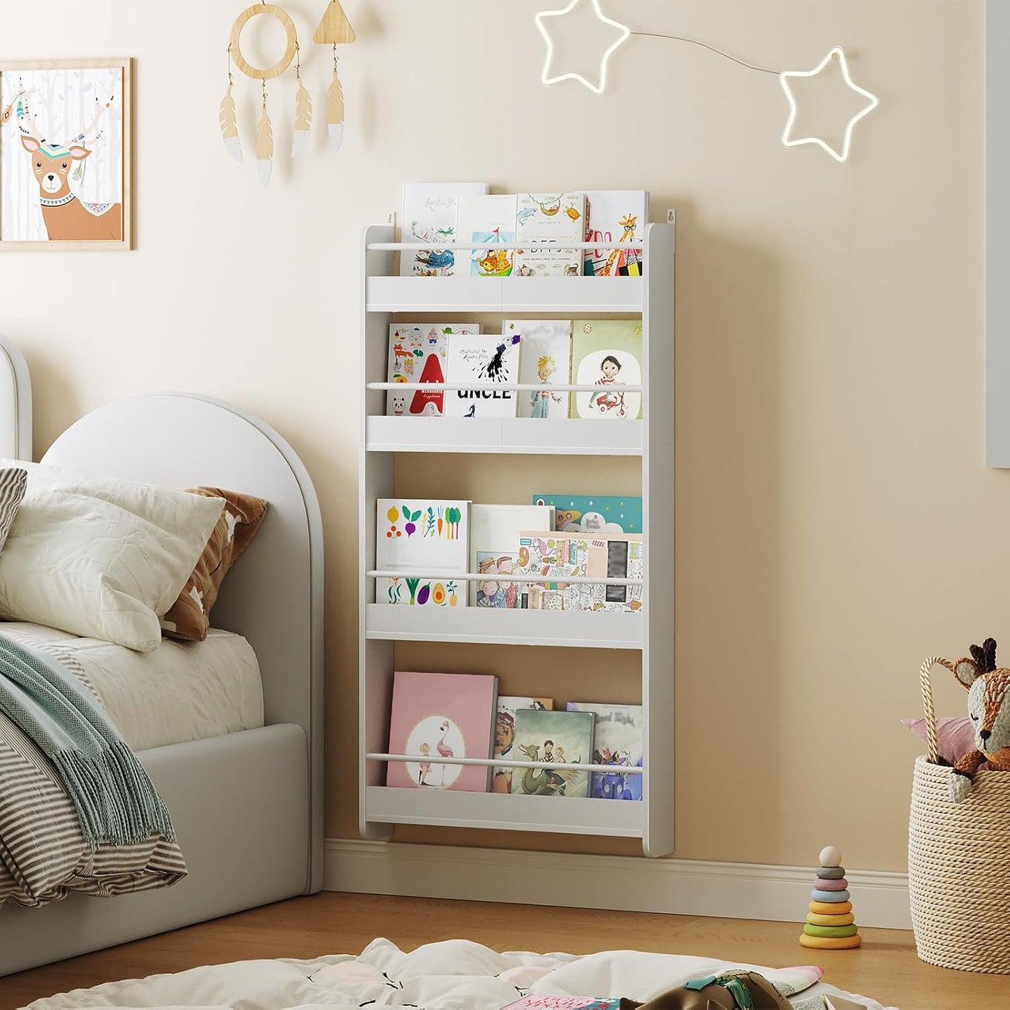 Kids Bookshelf, 4-Tier Wall Mount Bookshelf for Kids, Wooden Nursery Bookshelves, Hanging Book Shelf for Kid Room, Playroom, Bedroom, Living Room, White BKBW7601N1