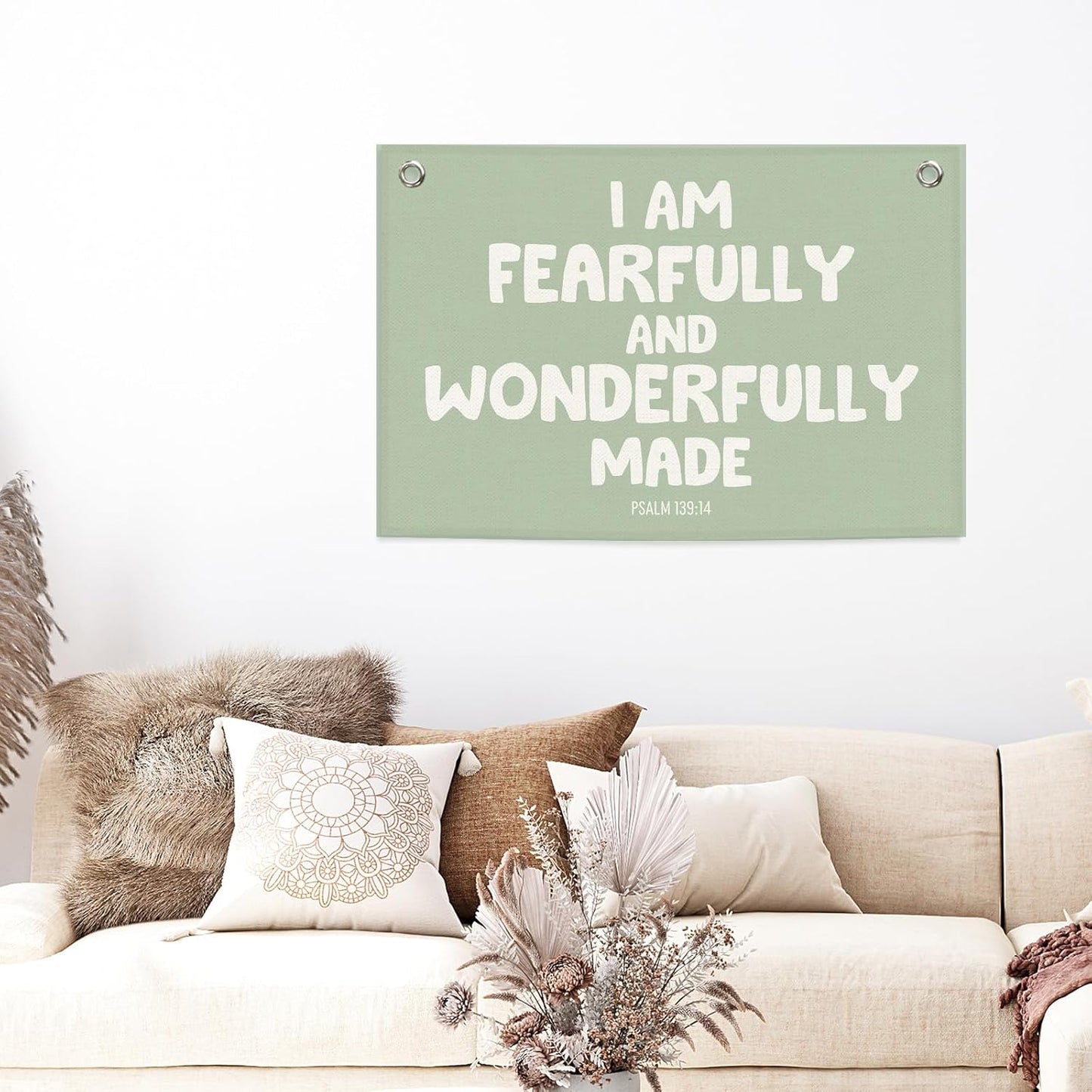 Christian Inspirational Kids Banner Canvas, Bible Verse I'm Fearfully Made Toddler Room Decor, Sage Green Hanging Flag Sign, Nursery Wall Tapestry Art for Playroom Bedroom Classroom 20x30in