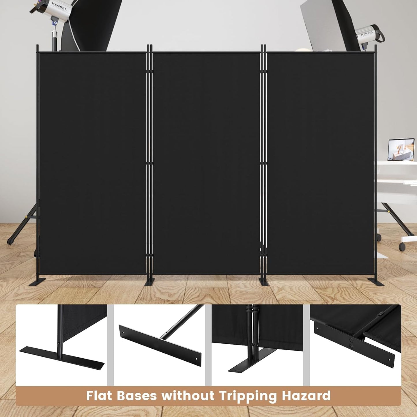 C-Hopetree 3 Panels Room Divider, 6 Ft Tall Indoor Folding Privacy Screen, Portable Partition Separator, Freestanding Separation Temporary Wall for Office, Bedroom, 102" W X 71" H, Black