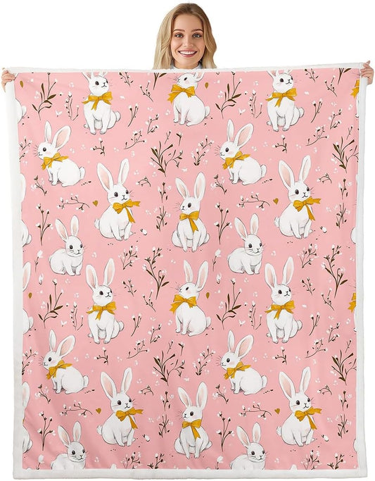 Cute Rabbit Throw Blankets Cartoon Bunny Pink Fleece Flannel Throws Boys Girls Lovely Little Floral Rabbit Decor Soft Cozy Fleece Blankets Botanical Animal for Sofa Bed Couch,40x50 Inches