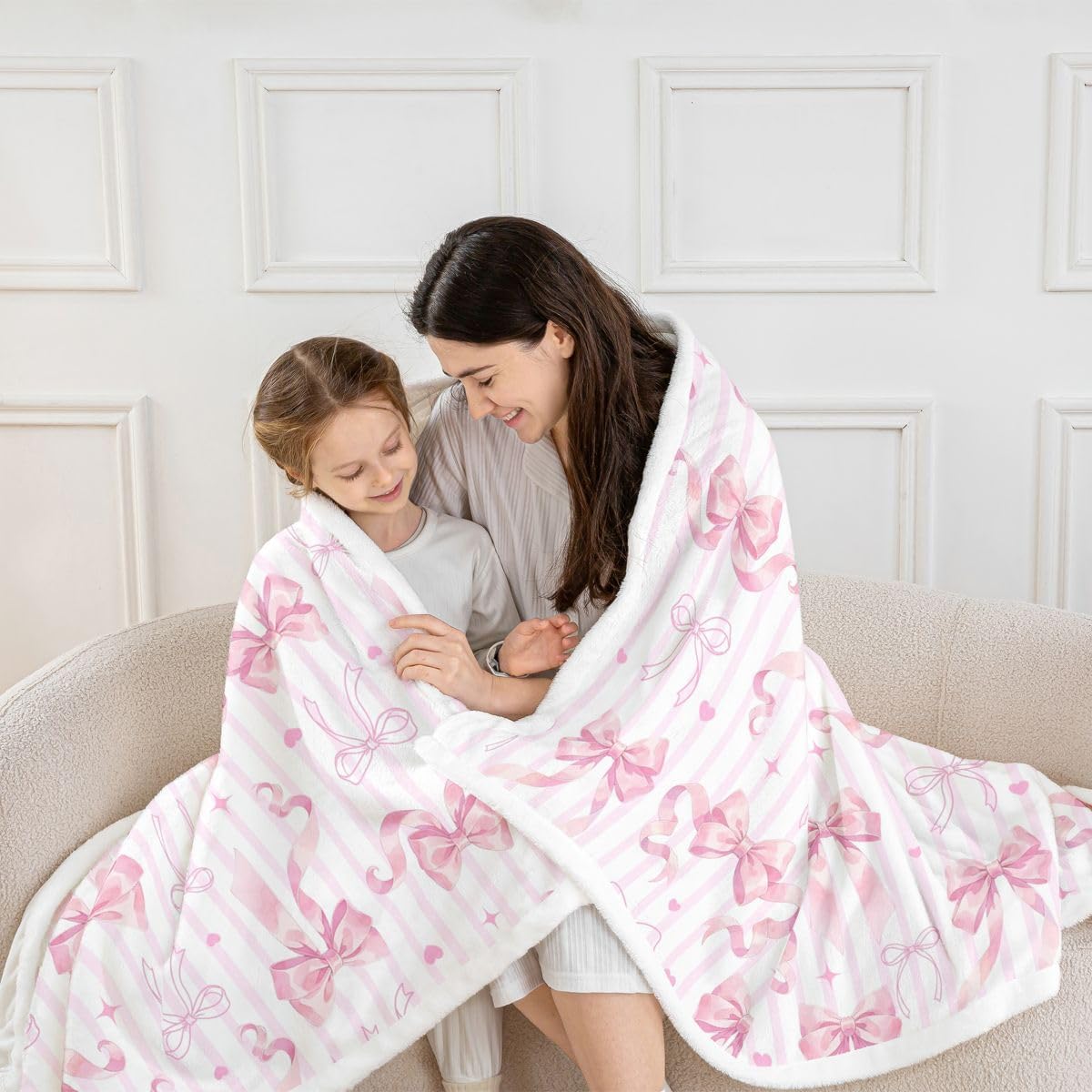 Feelyou Pink Bow Sherpa Throw Blanket for Couch Cute Ribbon Bowknot Super Soft Cozy Fleece Coquette Blanket for Winter, Plush Throw Aesthetic Baby 30"x40" Stripe Heart Pattern All Season
