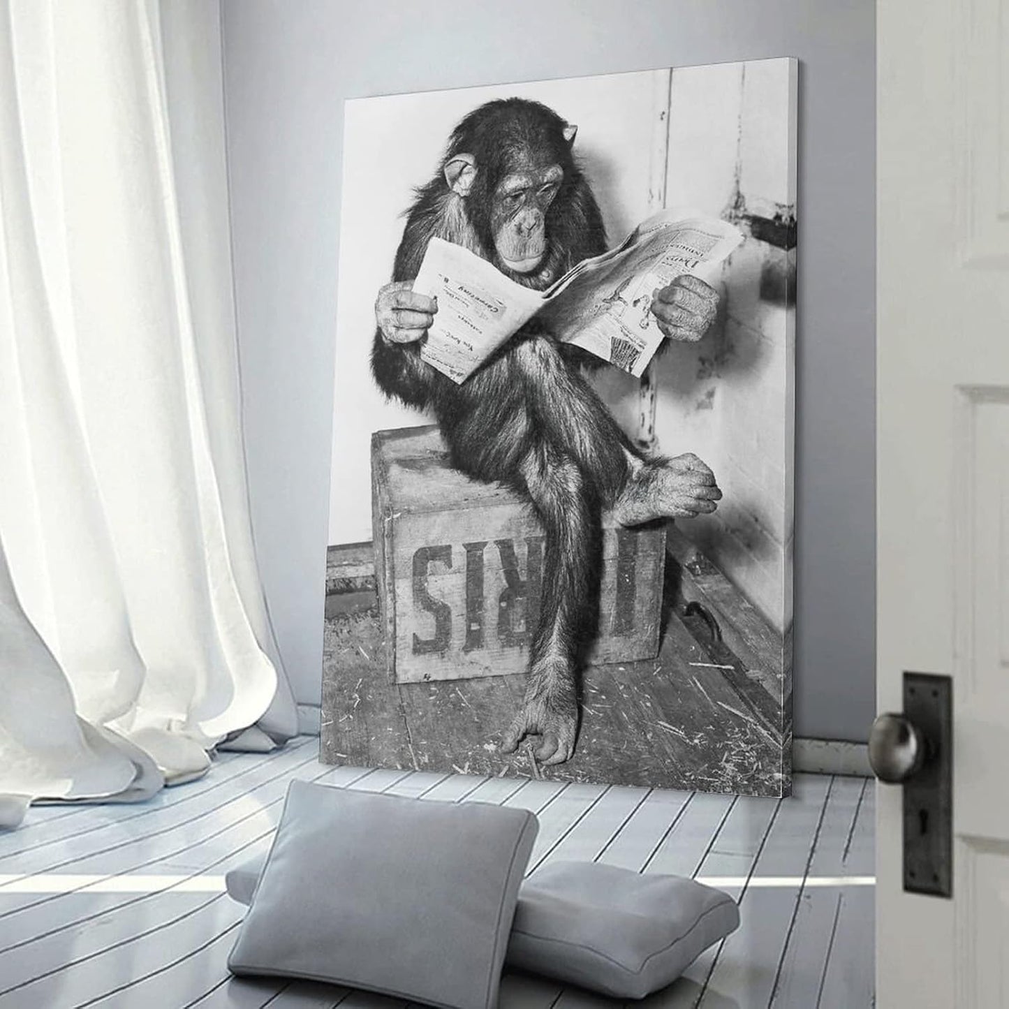 Animals Art Poster Monkey Reading Newspaper Canvas Painting Wall Art Posters and Prints Office Livin Canvas Painting Wall Art Poster for Bedroom Living Room Decor 20x30inch(50x75cm) Frame-Style-1