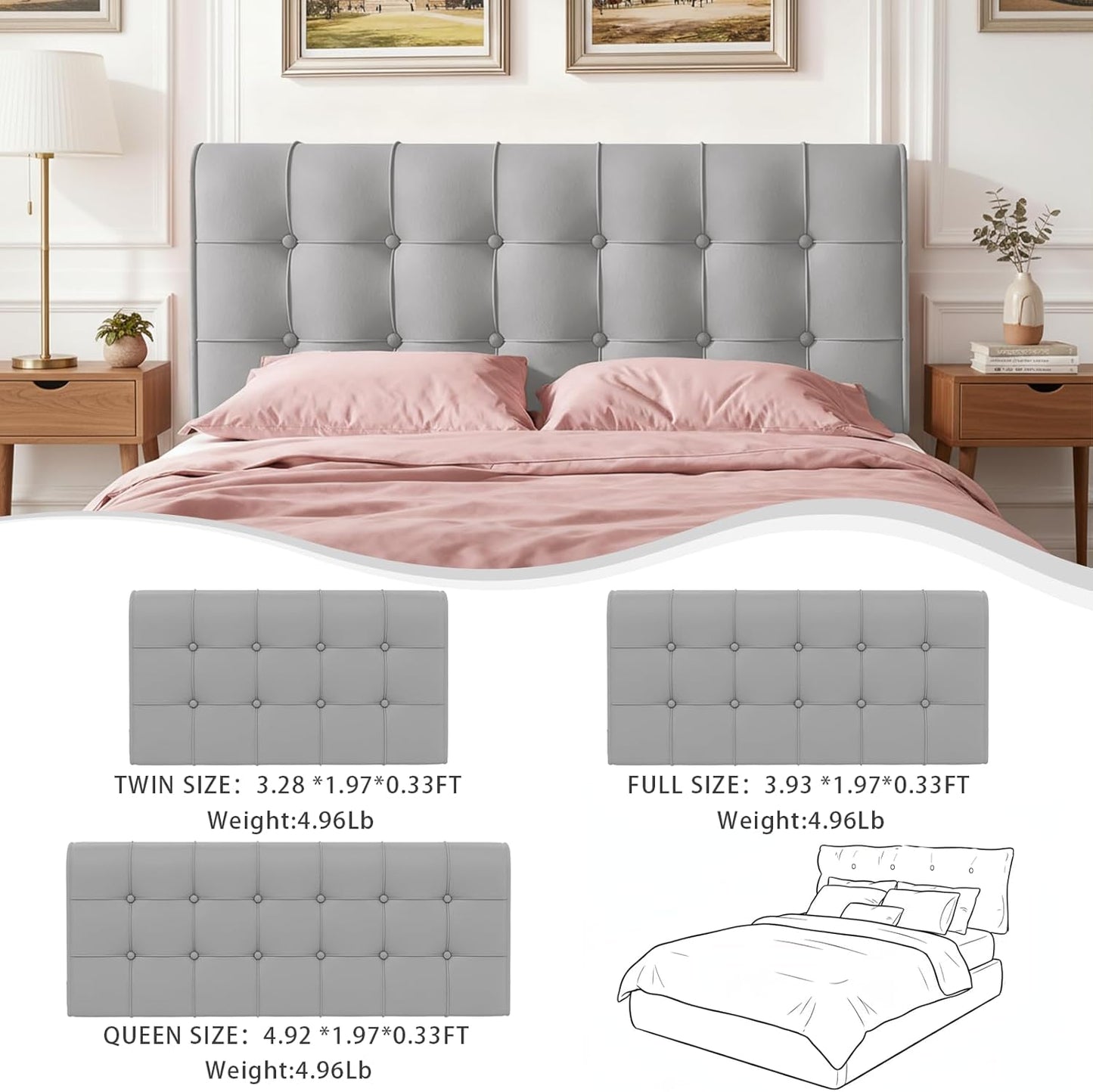 Twin Size Upholstered Headboard - High-Density Foam Gray Cushion, Peel and Stick Floating, Storage Pockets & Non-Slip Straps for Dorm, Rentals & Bedroom Decor