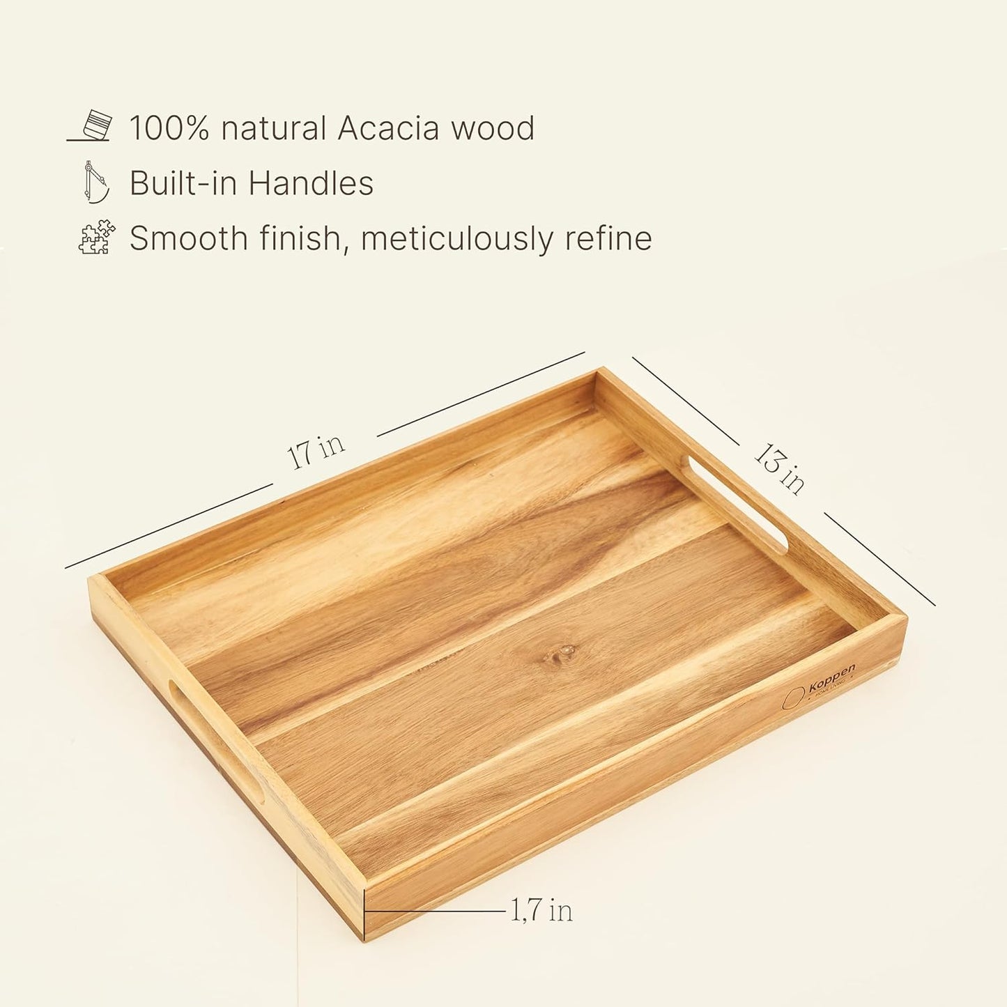 Koppen Acacia Wood Serving Tray with Handles, 17" x 13", Large Wooden Platter for Breakfast, Ottoman Tray for Party, Snacks, Fruit, Coffee Table, Living Room, Sofa, Bed, Outdoor, Natural Color