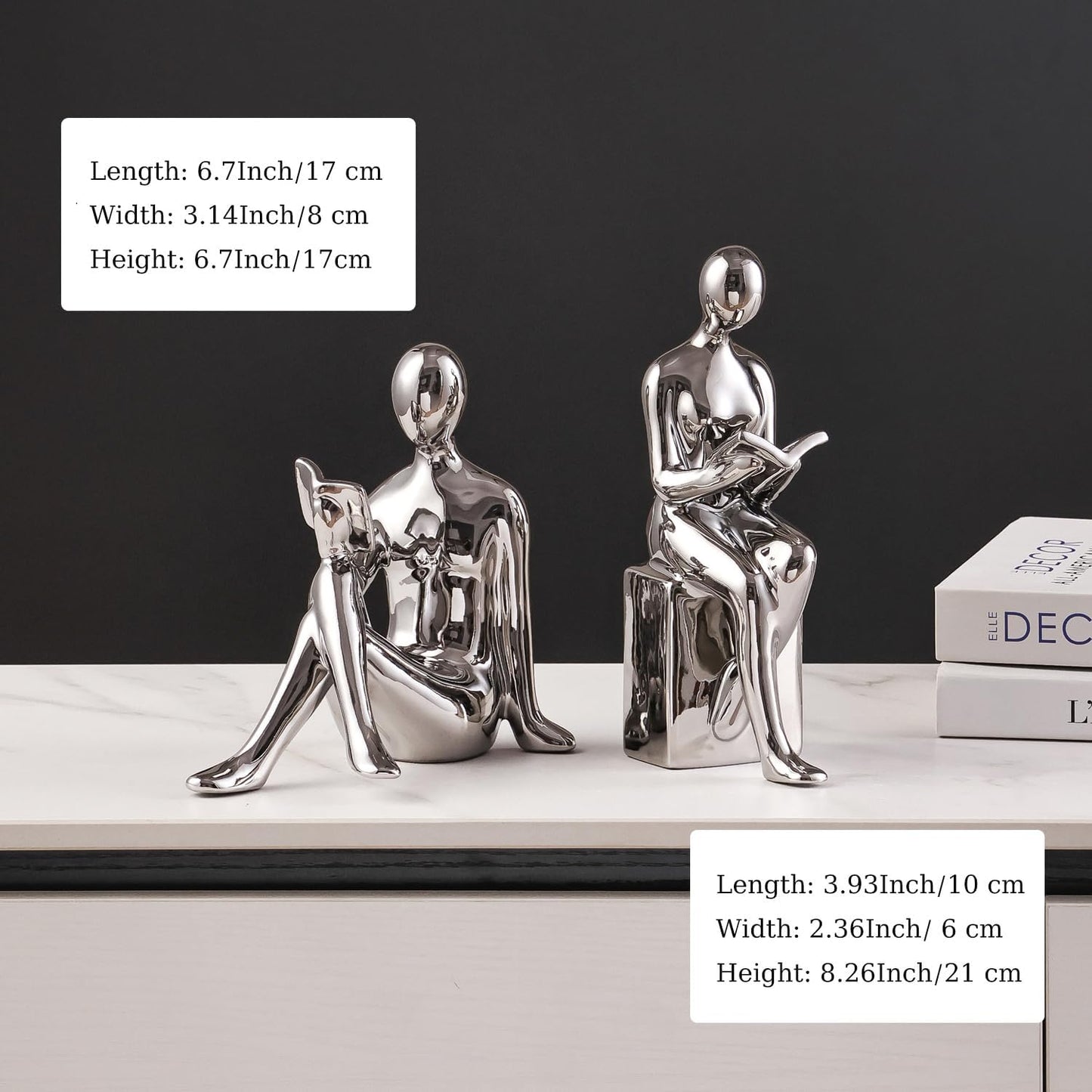 Ceramic Decorative Bookends, Book Ends for Shelves, Home Office Decor Aesthetic Statues Book Holders Stoppers for Bookshelf, Table, Bedroom Living Room Decoration (Silver)