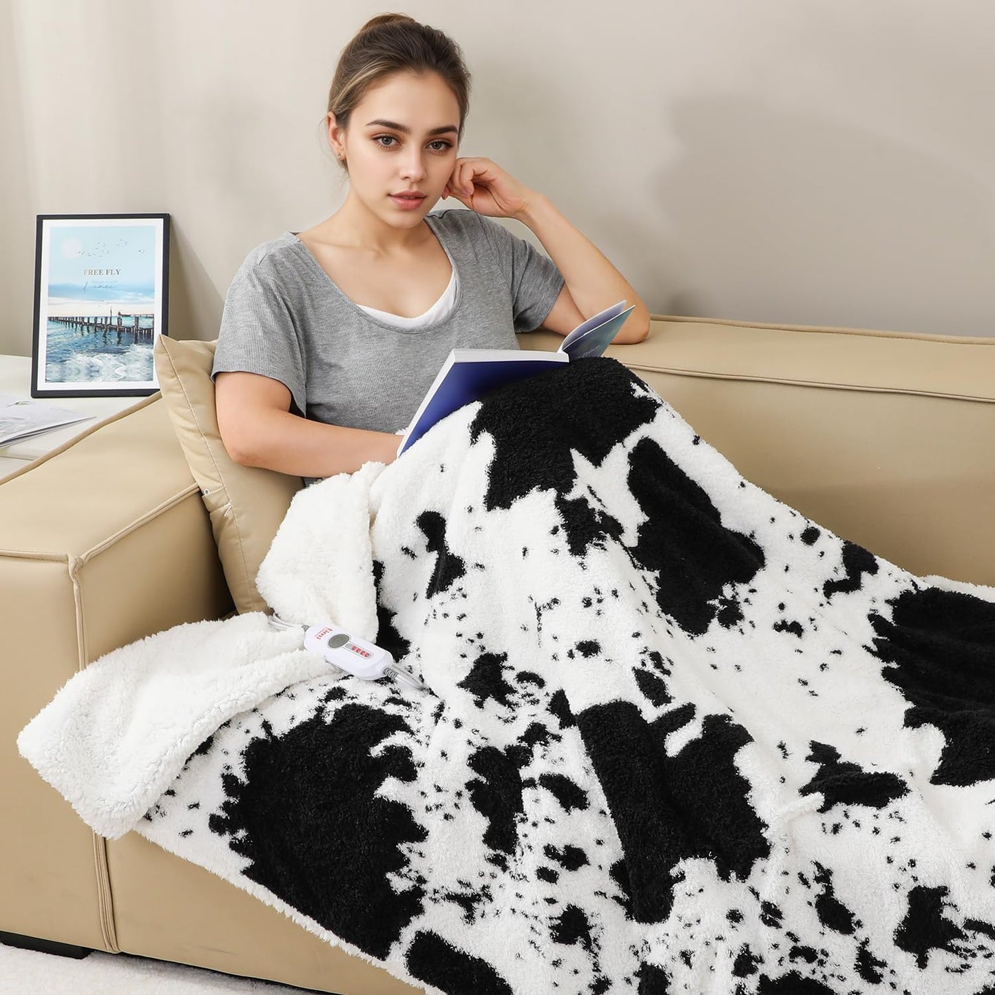 Cow Print Electric Blanket - Full Size Cozy Soft Knitted Sherpa Heated Blanket with 4 Heat Levels & 10 Hours Auto-Off, Overheating Protection, Warm Gifts, 72"x84"