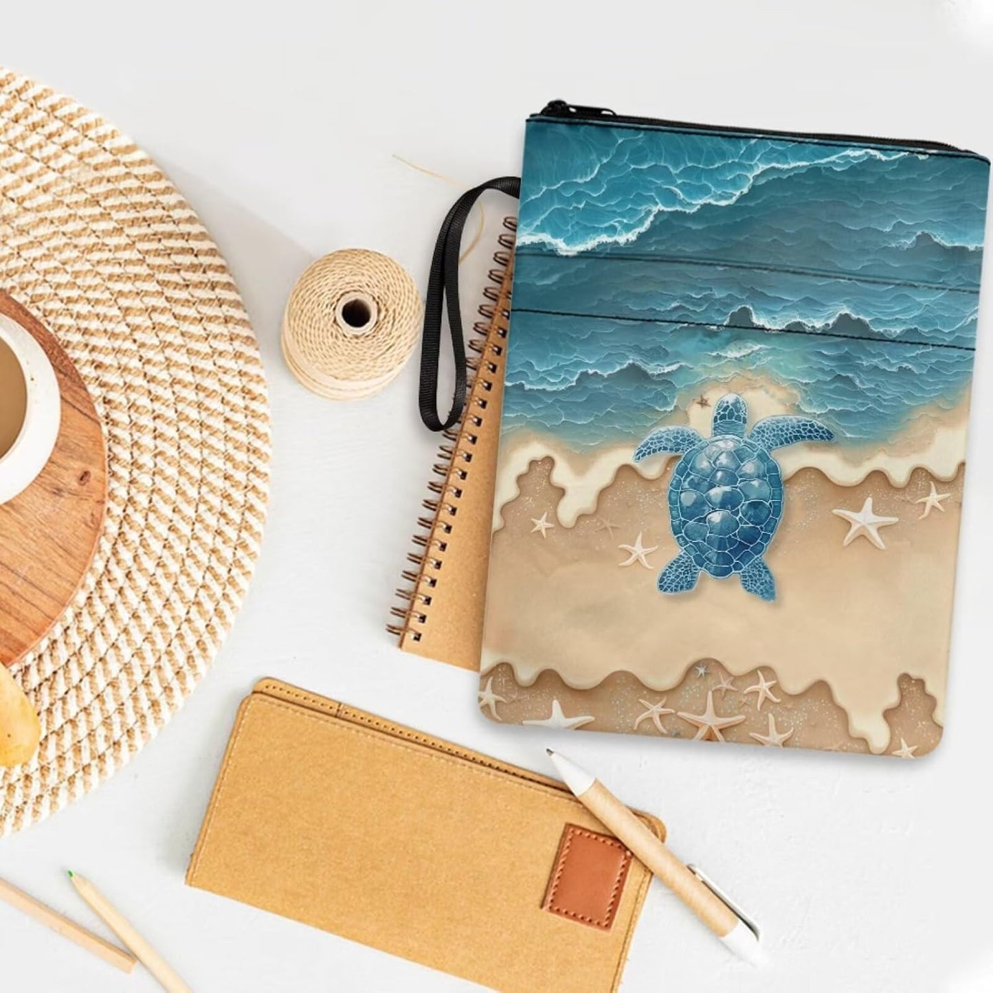 Beach Starfish Sea Turtle Print Book Sleeve for Hardcover Paperback Book Cover Lightweight Bible Bag Storage Pouch Puse Office Supplies for Women Men