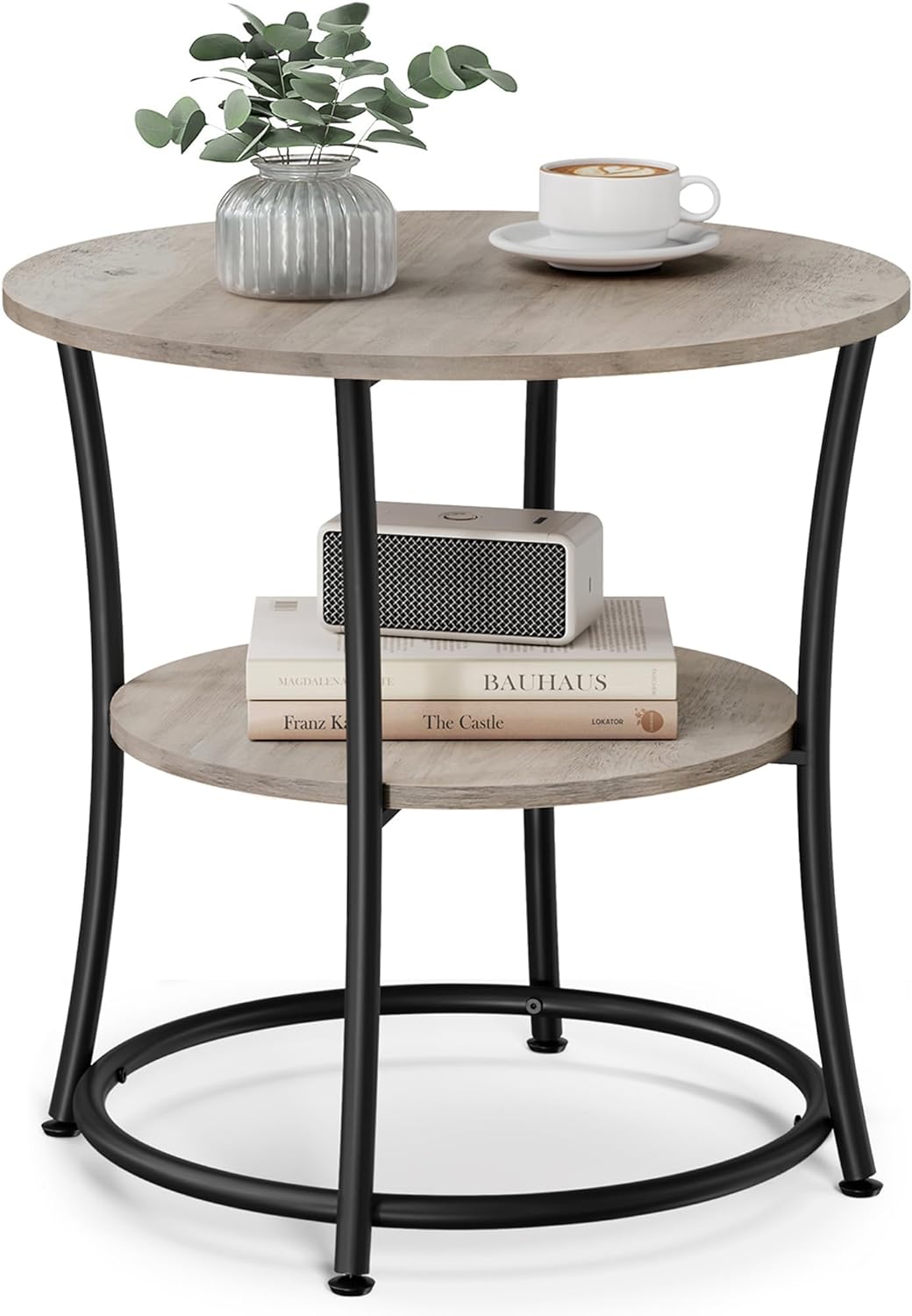 VASAGLE 21.7-Inch Round Side Table, 2-Tier End Table, Nightstand with Steel Frame, Spacious Top, for Small Spaces, Living Room, Bedroom, Heather Greige and Ink Black ULET56BG | 2 Storage Shelves, Living Room, Bedroom, Nightstand, Small Spaces, Accent Coff