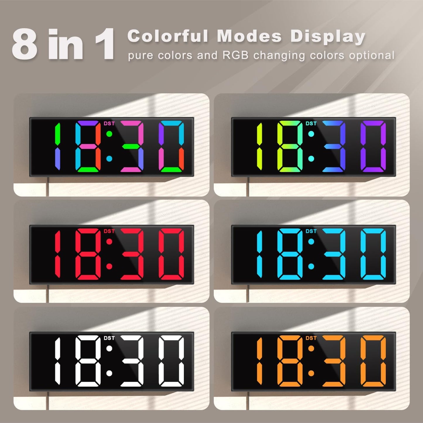 JALL 12'' Large Digital Wall Clock, Big LED Number Dispaly, RGB Colors, DST, Night Light for Classroom Living Room Bedroom Mounted Birthday Xmas Gift for Senior, Mem Womem (White Font, 12 inches)
