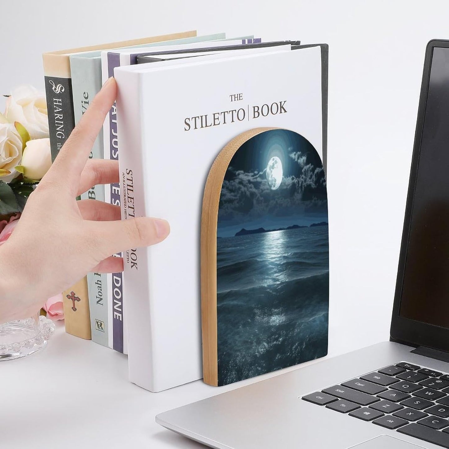 Moon and Sea Bookend for Shelves Wooden Book End Large Size Sturdy Book Holders Stoppers with Metal Base for Bookshelves Slick Decorative Bookends Stands