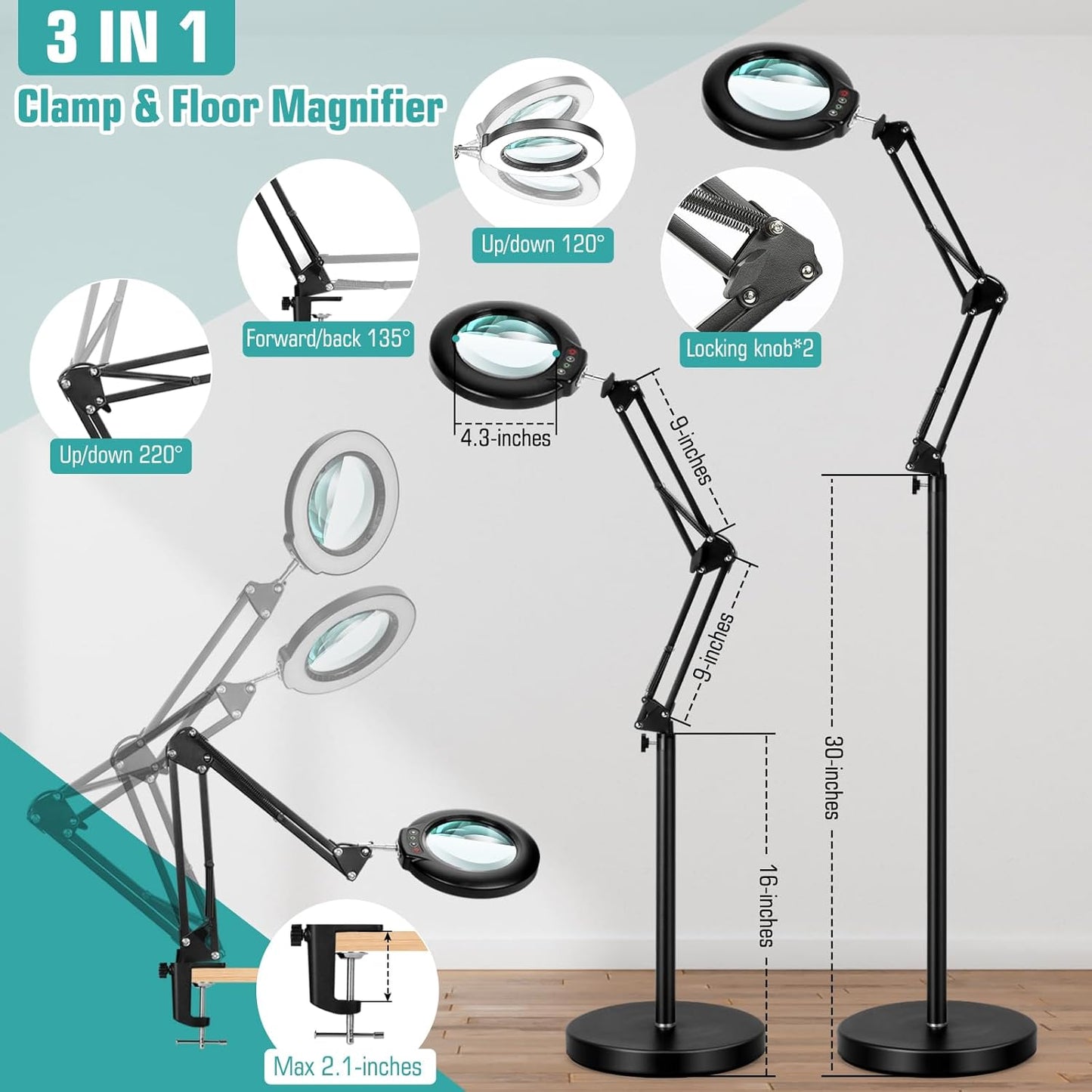10X Magnifying Glass with Light and Stand, Real Glass Lens (Not Acrylic), 5 Color Modes, Stepless Dimmable, LED 3-in-1 Floor Lamp, Swing Arm with Clamp, Lighted Magnifier Hands Free for Craft, Reading