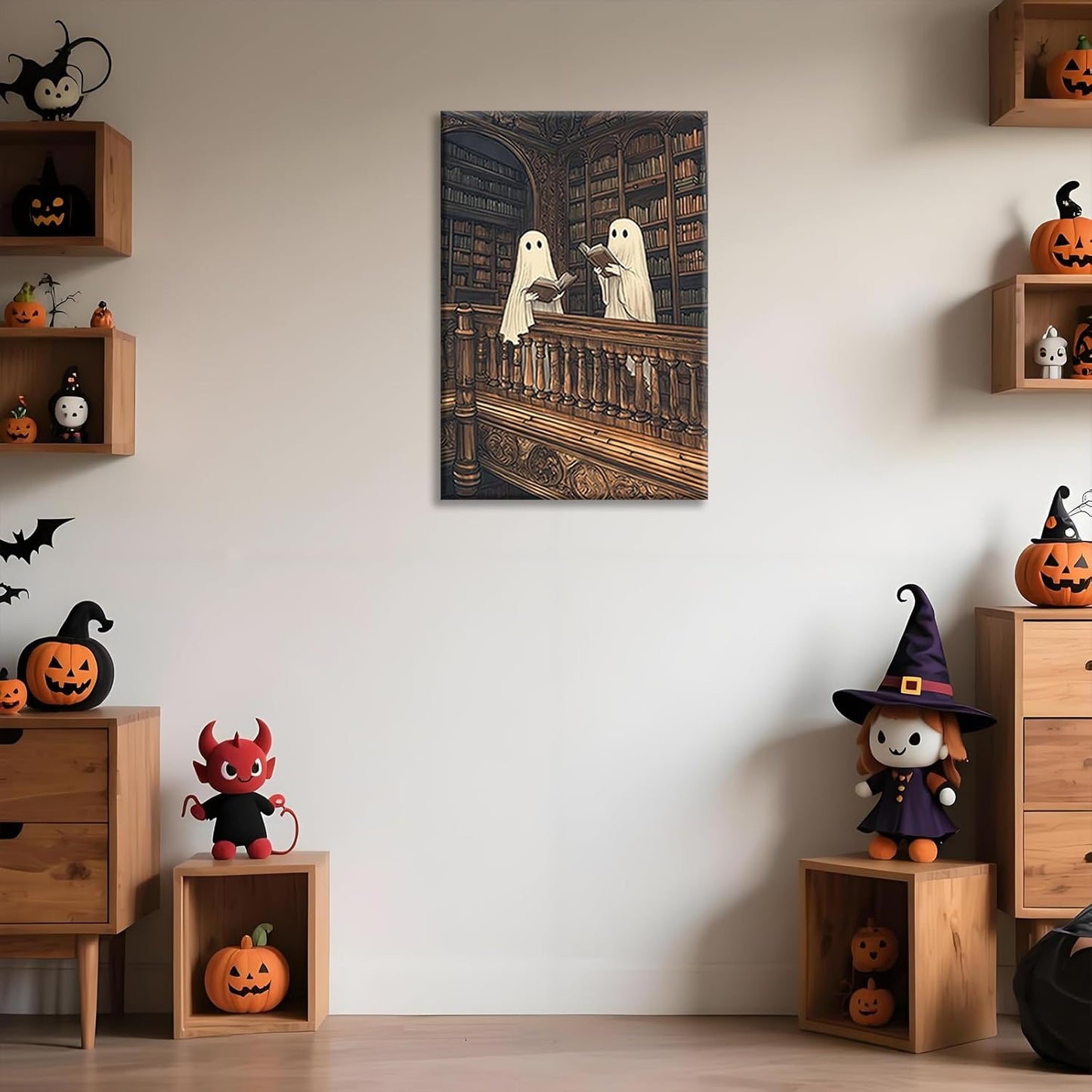Moody Halloween Wall Art Two Cute Ghosts in A Library Poster Spooky Ghost Decor Dark Academia Canvas Print Reading Book Aesthetic for Living Room Apartment Bedroom 12x16inch Unframed