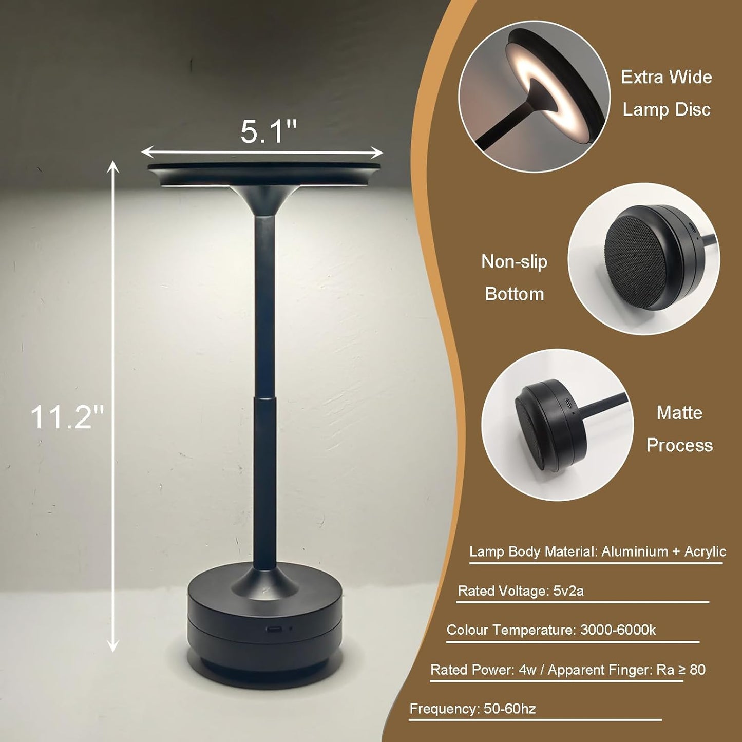 Cordless Rechargeable LED Table Lamp, 11.5 inches Modern Portable Desk Lamps 3 Colors Adjustable Brightness, 2600 mAh Battery Powered Table Light for Bar Restaurant Dining Golden 2Pcs