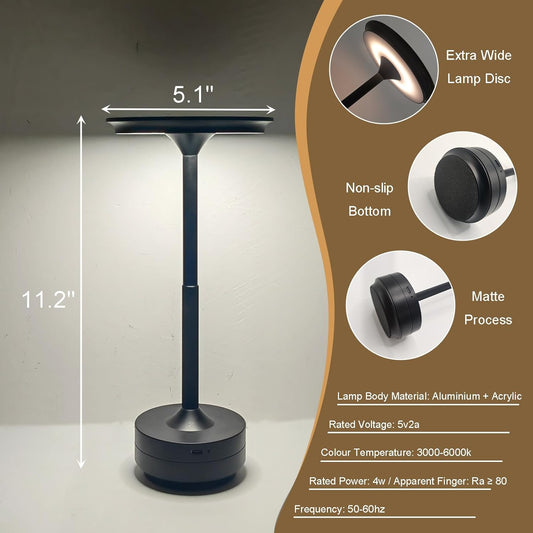 Cordless Rechargeable LED Table Lamp, 11.5 inches Modern Portable Desk Lamps 3 Colors Adjustable Brightness, 2600 mAh Battery Powered Table Light for Bar Restaurant Dining Golden 2Pcs