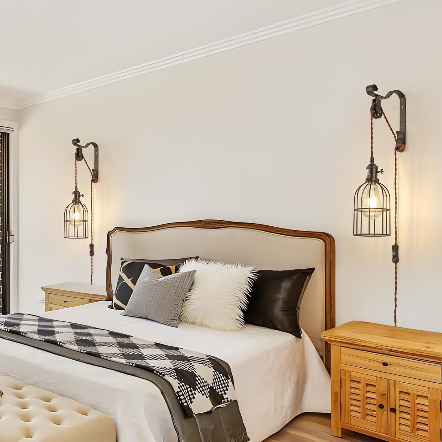 SEEBLEN Wall Sconces Plug in of 2, Industrial Wall Lamp with Plug in Cord,Black Vintage Wall Sconce with 6.5ft On/Off Switch Cord,Height Adjustment Wall Lights for Bedroom Reading Headboard.