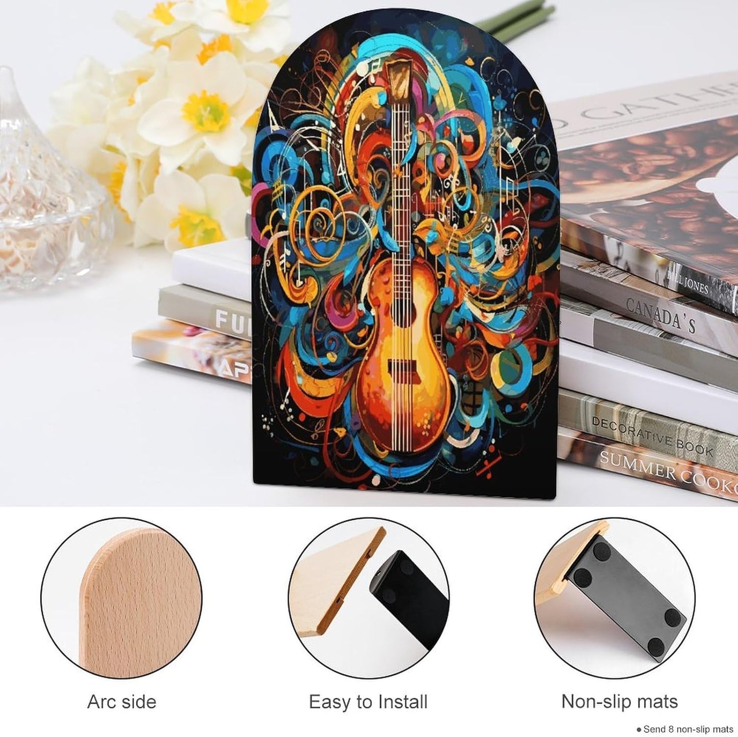 Music Series Bookend for Shelves Wooden Book End Large Size Sturdy Book Holders Stoppers with Metal Base for Bookshelves Slick Decorative Bookends Stands