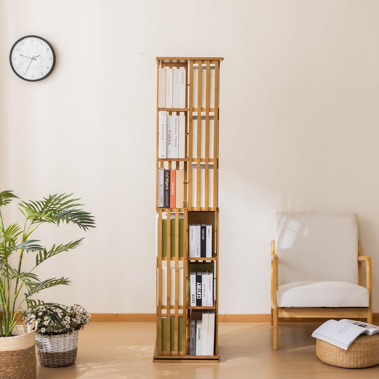 Bamboo Rotating Bookshelf Tower, 360° Spinning Bookcase, 6-Tier Narrow Floor Standing Storage Rack for Corner, Office, Room,Brown