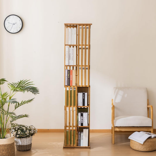 Bamboo Rotating Bookshelf Tower, 360° Spinning Bookcase, 6-Tier Narrow Floor Standing Storage Rack for Corner, Office, Room,Brown