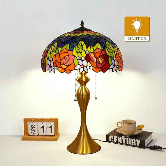 Tiffany Table Lamp Handmade Stained Glass Desk Lamps Gifts Iron Art Base 16" Wide 24" Tall Double Color Roses Style Vintage Reading Lamp for Office, Living Room, Bedroom, Study Room