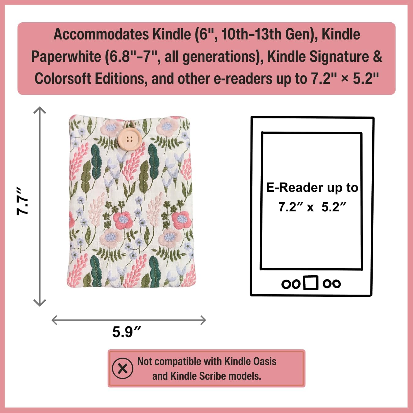 Embroidered Floral E-Reader Sleeve - Compatible with Kindle Paperwhite/Basic (6''), Paperwhite (6.8'') & (7''), Kobo Clara - Linen and Cotton Padded E-Reader Cover (Lavender Garden - White)