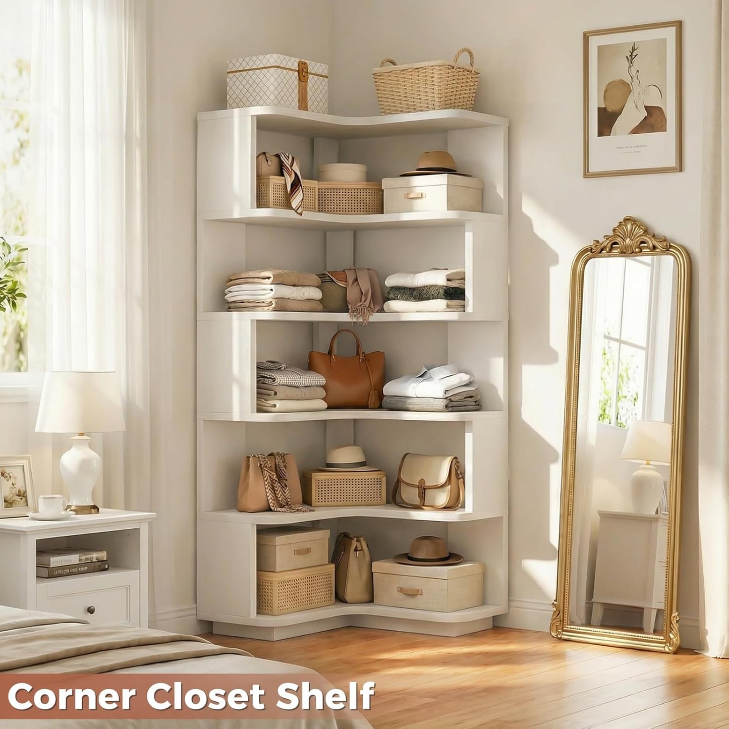 Corner Book Shelf, 6-Shelf Corner Bookshelf for Small Corner Spaces, L-Shape Bookcase Corner Display Shelf for Home Office, Living Room, Bedroom, White