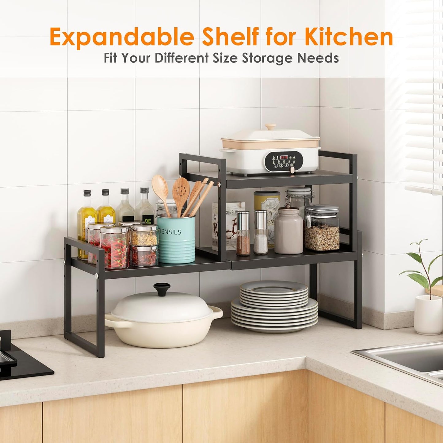 DOLALIKE Expandable kitchen Countertop Organizer, Stackable Cabinet Shelf Organizers, Space Saving Spice Rack Pantry Storage for Bathroom Office (Black, 1 Pack)